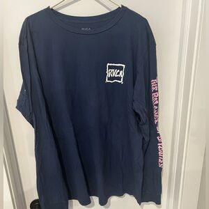 RVCA Men's Long Sleeve Tee Navy with Pink Sleeve Print